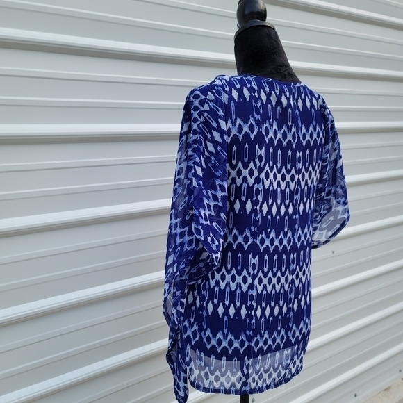 H&M SHEER Peasant BOHO Blouse Shirt Top 4 Small White Blue Kimono Sleeve Ruffle - Picture 4 of 10